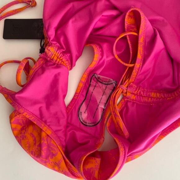 Ed Hardy High Cut‎ One Piece Swimsuit "Lady" Print Orange Pink Tie Size Large - Picture 8 of 10